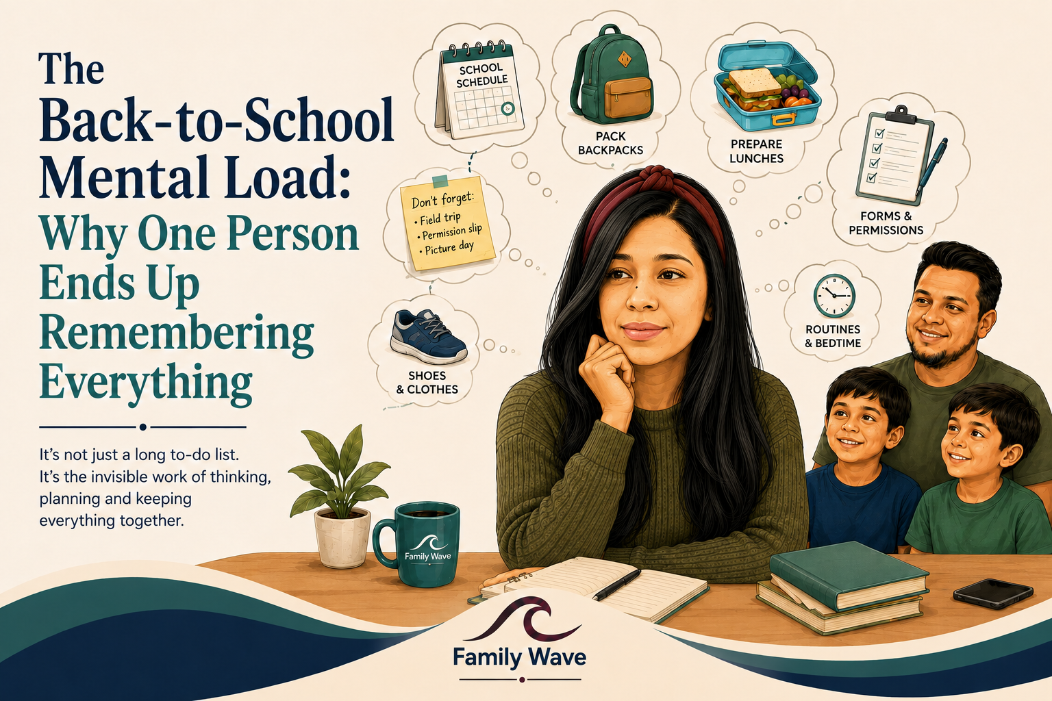 Back-to-school mental load illustration showing one parent coordinating school schedules, lunches, forms and family responsibilities.