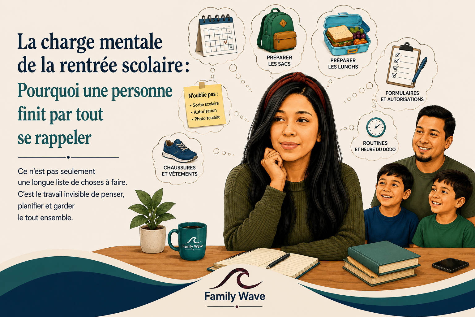 Mère pensant aux horaires scolaires, aux lunchs, aux formulaires et aux responsabilités familiales pendant la rentrée scolaire.
