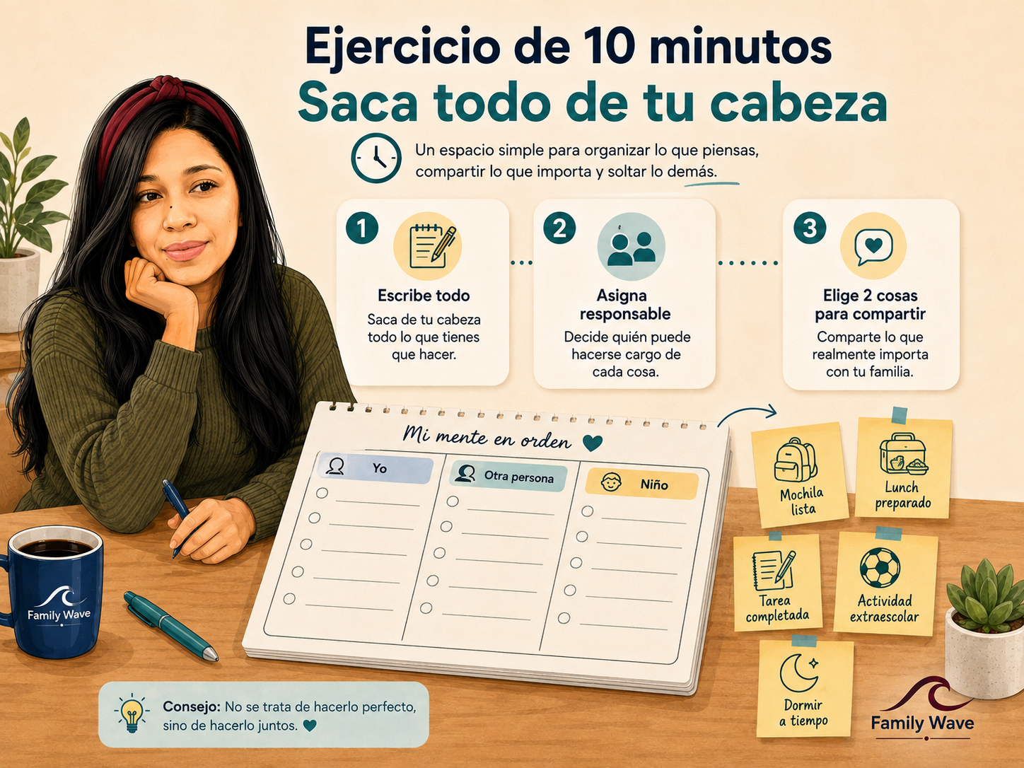Ejercicio de tres pasos para escribir las responsabilidades familiares, asignar responsables y elegir dos responsabilidades para compartir.